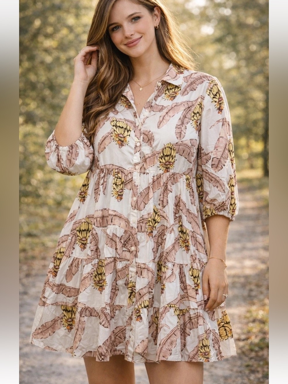 Desmond & Dempsey X H&M Tiered Shirt Dress Banana Leaf Tropical Poplin Cotton M — image 8 of 8